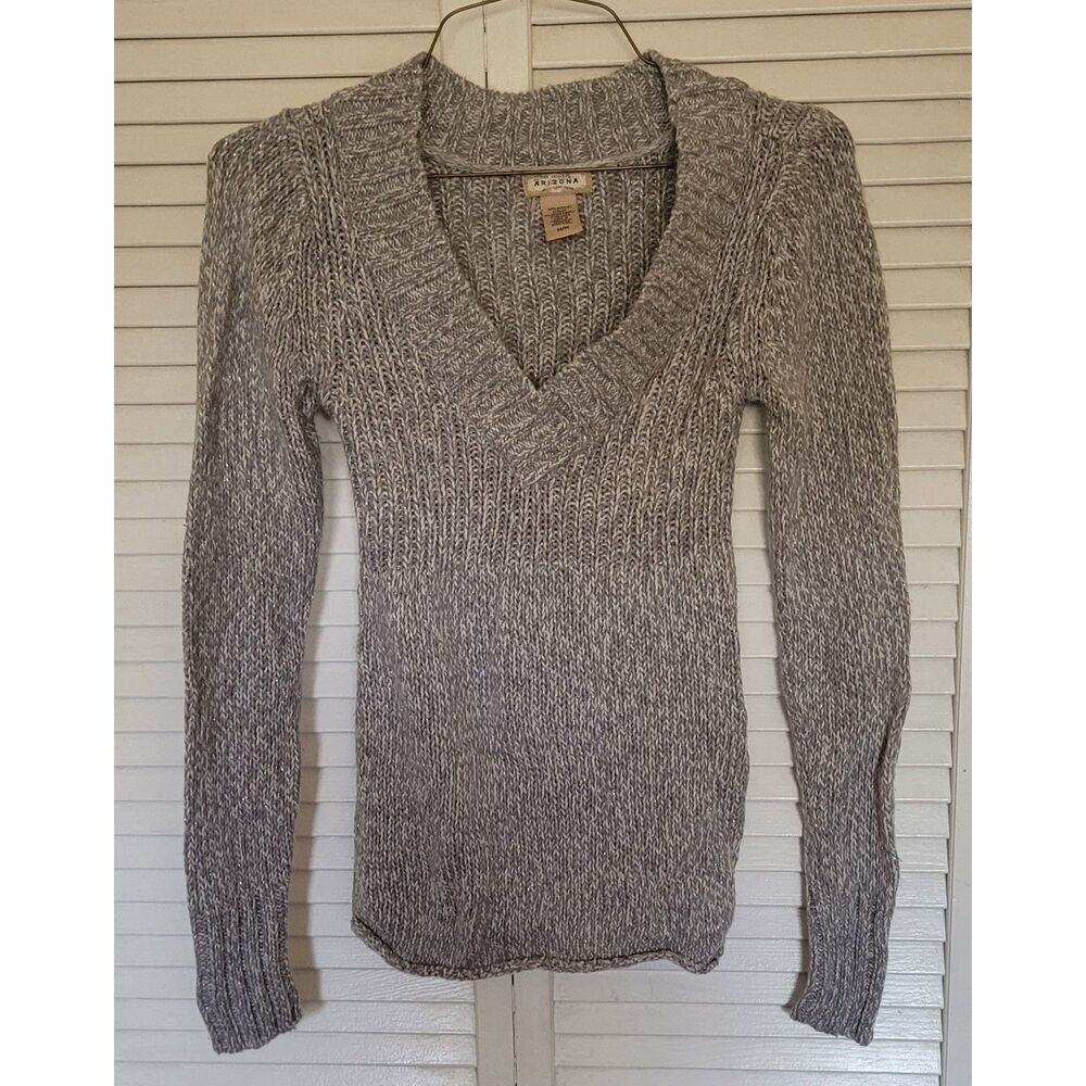 Arizona Jean Co Gray Marled Knit V-Neck Sweater Ribbed Trim Size Medium M